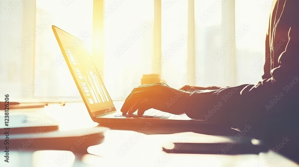 Aufkleber silhouette of a person typing on a laptop with warm light filtering through windows creating a cozy 