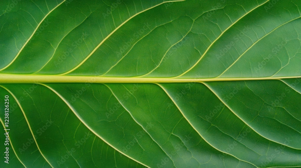 Poster Close-Up View of a Vibrant Green Leaf with Intricate Veins and Textured Surface