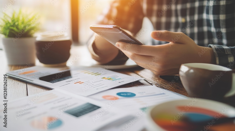 Aufkleber business person using smartphone while analyzing financial reports and charts on table with coffee a