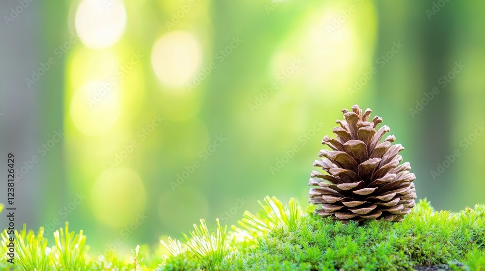 Poster Pine Cone on a Bed of Green Moss with Soft Bokeh Background in Forest During Daylight