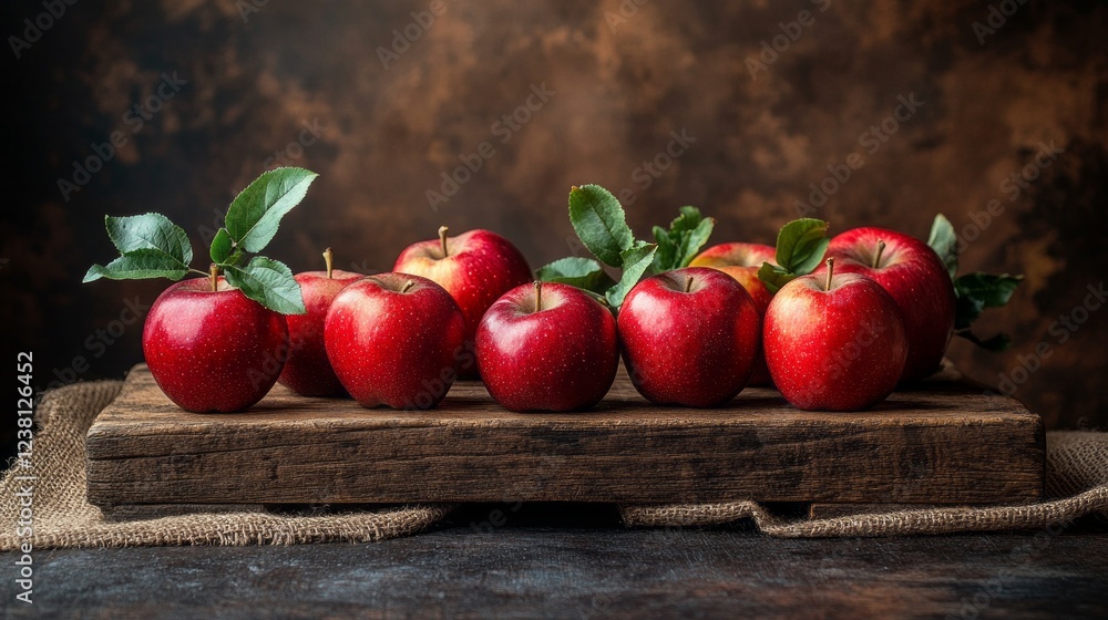 Poster a rustic wooden podium holds an array of glossy dark red apples nestled among soft green leaves, ill