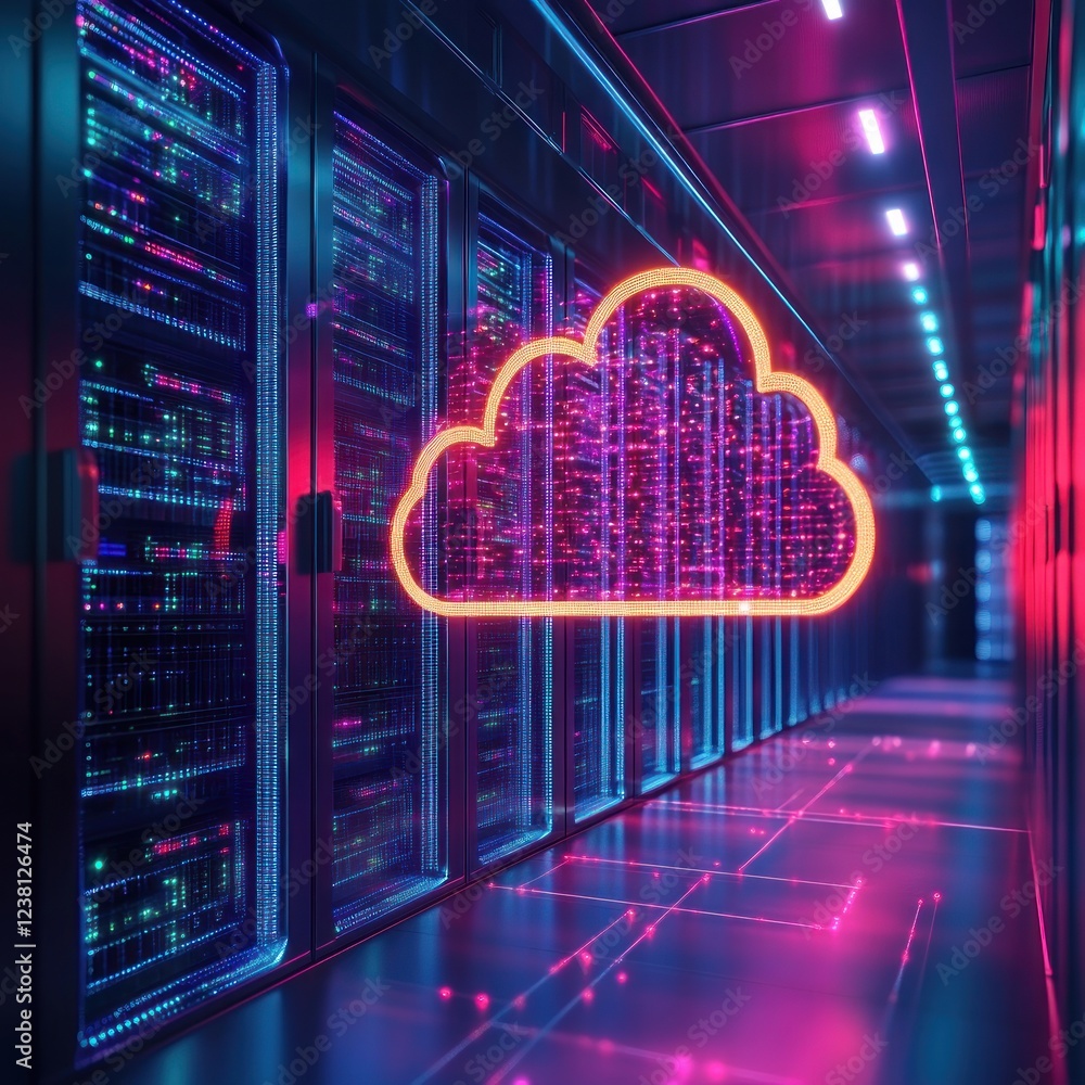Poster Futuristic Data Center with Neon Cloud Symbol Representing Digital Storage and Connectivity in a High-Tech Environment