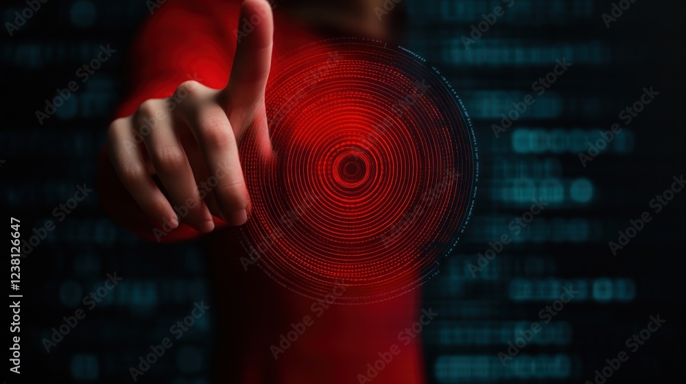 Aufkleber Close-Up of a Hand Pointing at a Glowing Red Circle on a Digital Background with Code and Data Elements