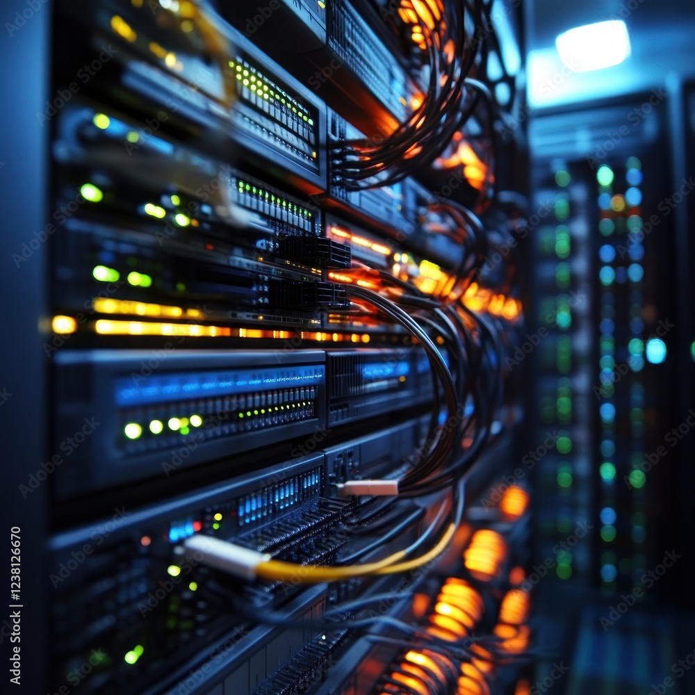Poster Detailed Close-Up of Data Center Server Rack with Illuminated Lights and Cables in a High-Tech Environment