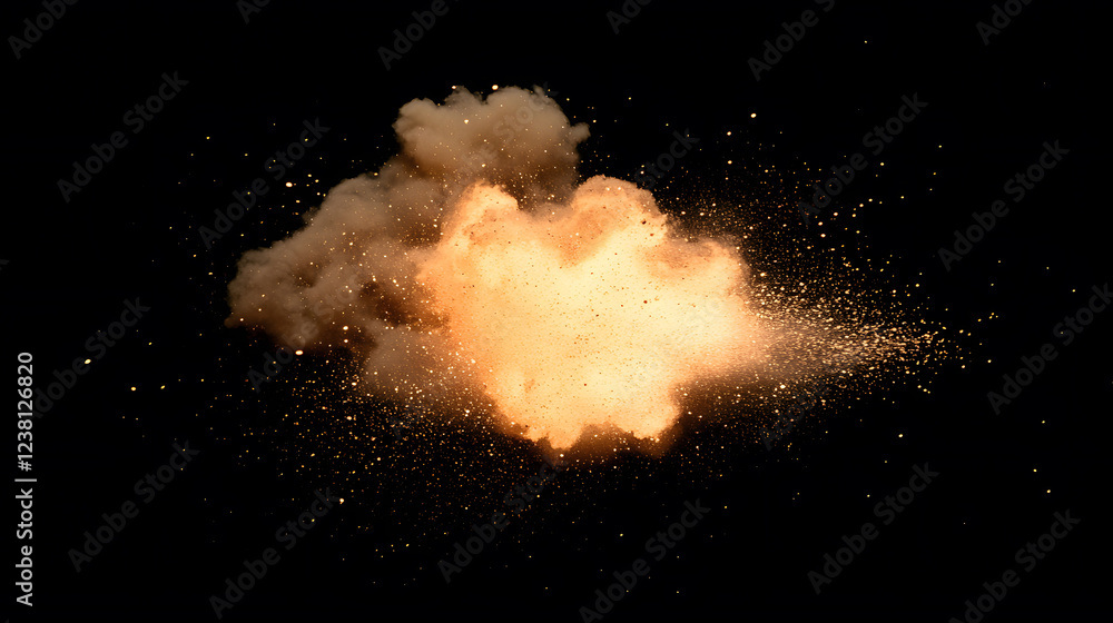 Poster a vibrant explosion with clouds of smoke and sparks captured against a dark background, conveying a 