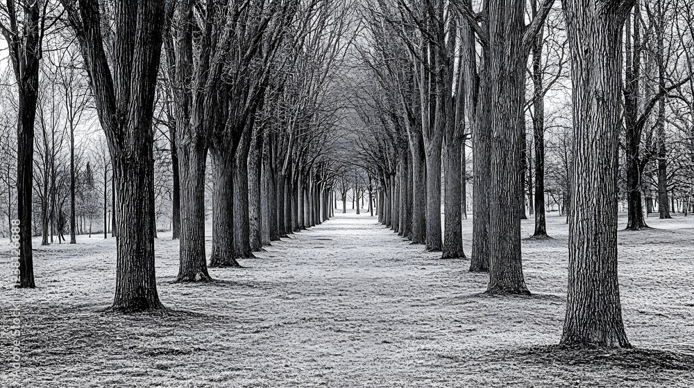 Aufkleber a serene, monochrome pathway flanked by tall, barren trees, creating a tranquil and almost haunting 