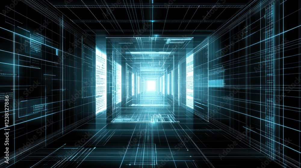Poster Futuristic Digital Tunnel with Glowing Lines and Light Effects in Abstract Space Environment