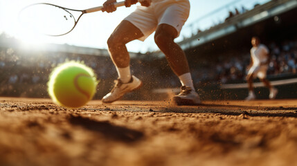 Tennis player's powerful serve on clay court.