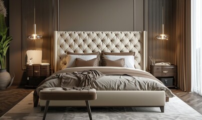 Modern bedroom with a tufted headboard bed and matching bench with hanging lamp on textured elegant brown wall background