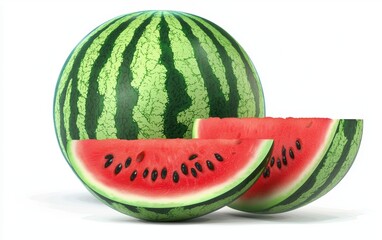Whole and sliced watermelon with juicy red flesh and black seeds isolated on a white background