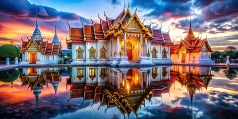 Fototapeta premium Bangkok's Benchamabophit Temple, a double exposure, breathtaking cityscape.