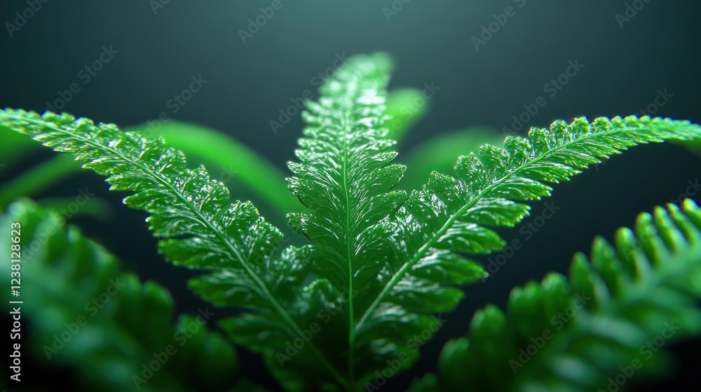 Poster lush green fern leaves with detailed texture in soft natural light for botanical themes