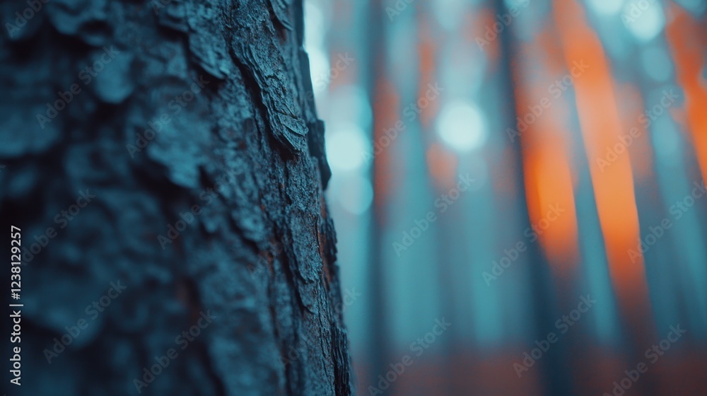 Poster close-up of textured tree bark with blurred forest background at dusk featuring warm and cool color 