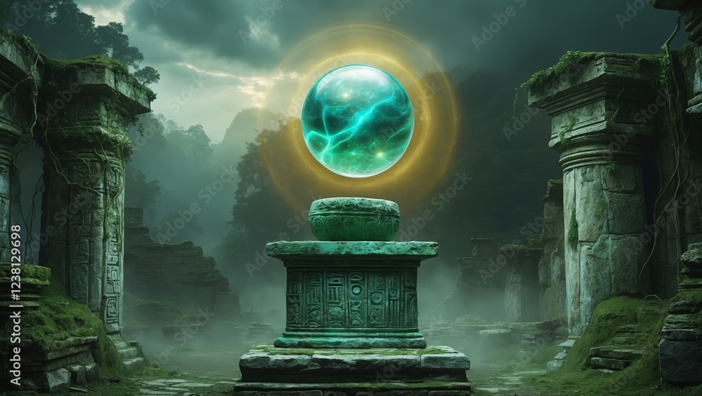 Poster mysterious glowing orb in ancient stone ruins surrounded by mist and trees at twilight