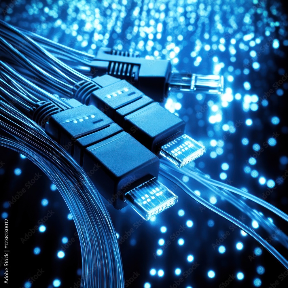 Poster futuristic close-up of usb cables against a dynamic blue light background for technology application