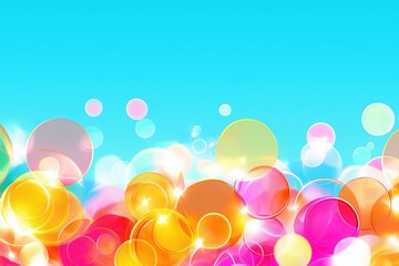A vibrant abstract composition with glowing, translucent bubbles in shades of pink, orange, and yellow floating against a bright turquoise background
