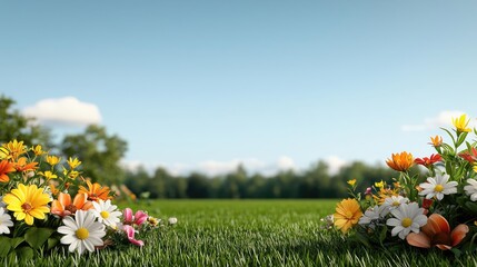 Obraz premium Garden blooms nature concept. A vibrant field with colorful flowers and lush green grass under a clear blue sky.
