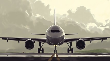 Naklejka premium RepresentaciÃ³n minimalista de un aviÃ³n de pasajeros en vista frontal, con proporciones exactas y diseÃ±o limpio sobre fondo transparente para uso versÃ¡til