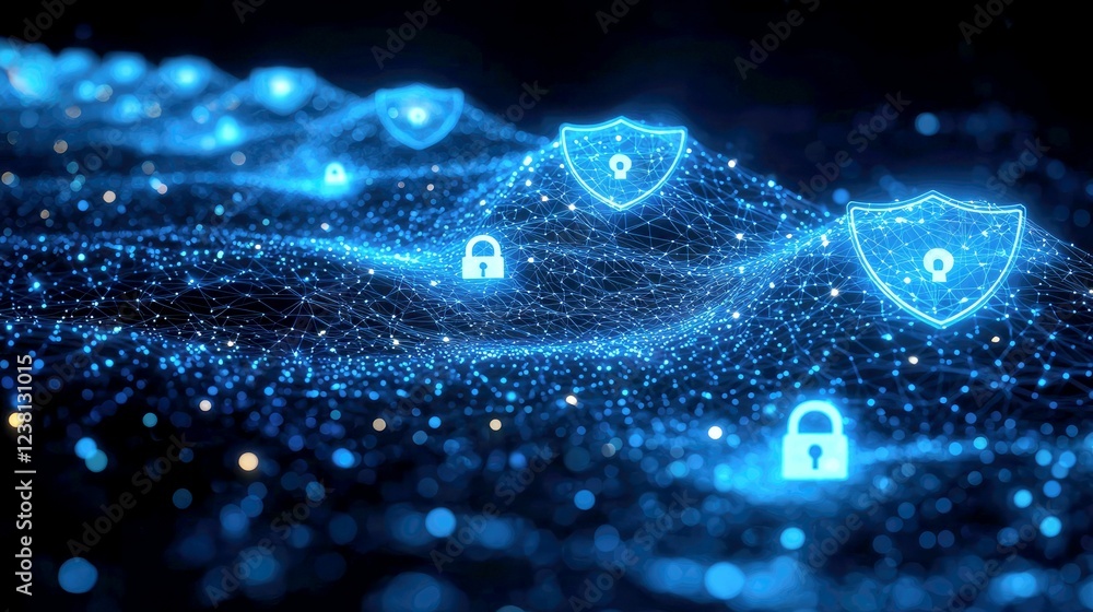 Poster abstract network security: digital shield and lock icons on a futuristic blue wave of connected node