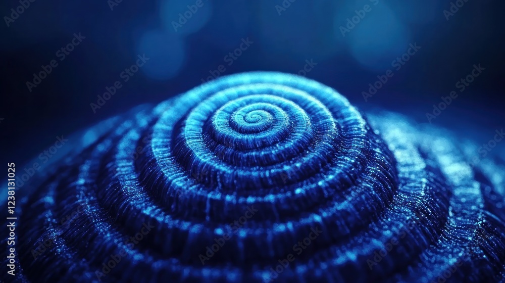 Poster blue spiral shell with intricate texture and depth, captured in atmospheric lighting for nature and 