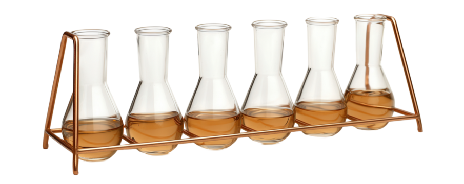 Chemical experiment setup with glass flasks transparent background laboratory still life clean environment close-up view science concept