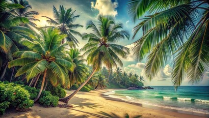 Fototapeta premium Lush tropical foliage and majestic palm trees line the shoreline of a tranquil sandy beach, captured in a classic film-inspired style with subtle distressing , palm tree, beach