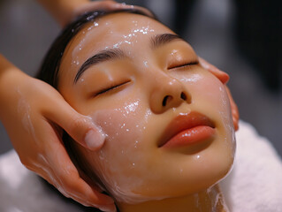 close-up portrait of an Asian girl getting a facial massage