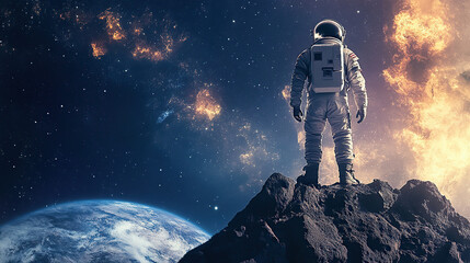 Astronaut Standing on Alien Terrain with Earth and Stars
