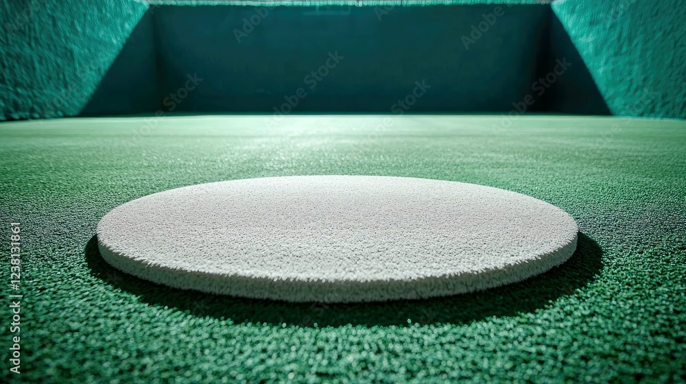 Poster modern minimalist interior design: a circular white element on a green floor. abstract architectural