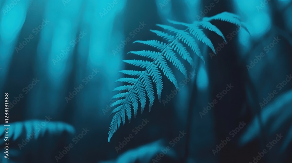 Poster mysterious blue-toned fern leaves in a forest setting with atmospheric lighting and soft focus backg
