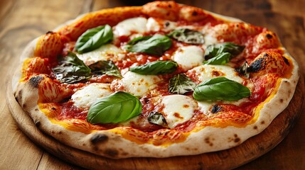 Savoury Artisan Pizza with Fresh Mozzarella and Basil Leaves on Rustic Wooden Board, Warm Sunlit Atmosphere Evoking Comfort and Culinary Delight, Perfect for Food Photography 4K

