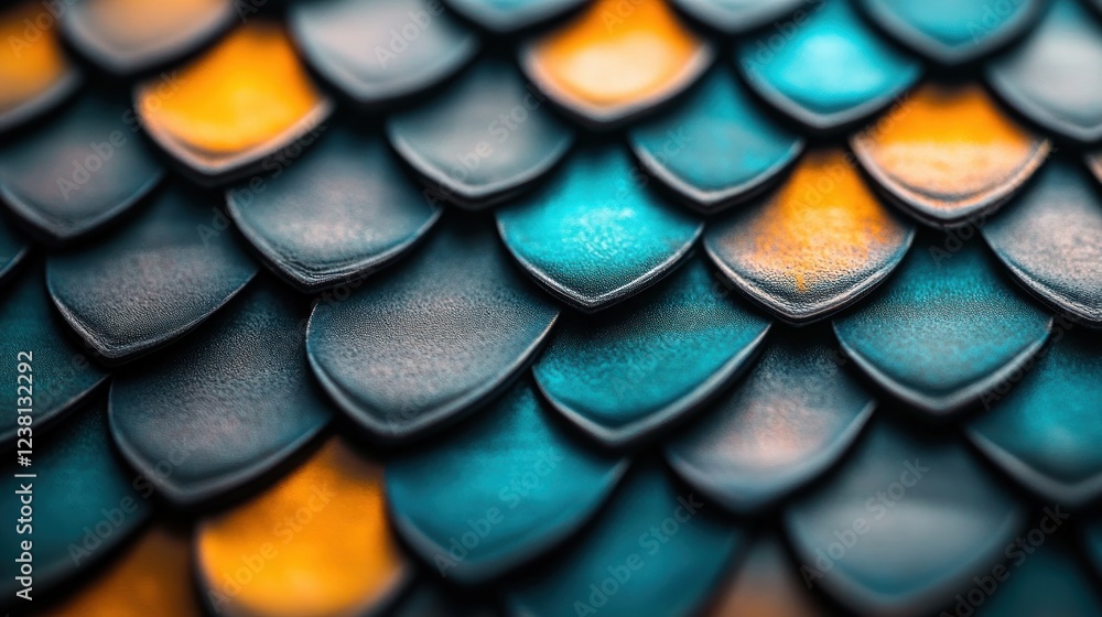 Poster close-up of colorful textured scales with vibrant blue and orange hues on a smooth surface
