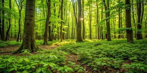 Obraz premium Dense foliage with soft green leaves and branches scattered on the forest floor, greenery, woods, greenery, woods, wild, forest