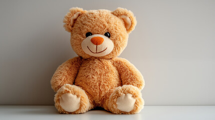 Fototapeta premium Smiling teddy bear sitting against white background, perfect for childhood memories and comfort concept