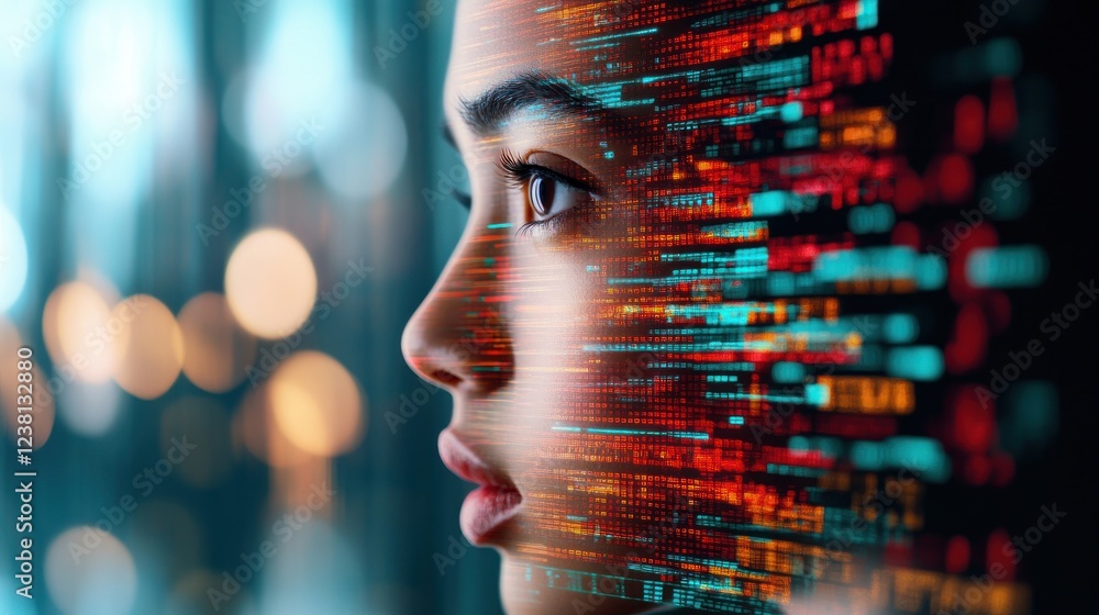 Poster profile of a woman with digital data visualization representing technology, innovation, and connecti