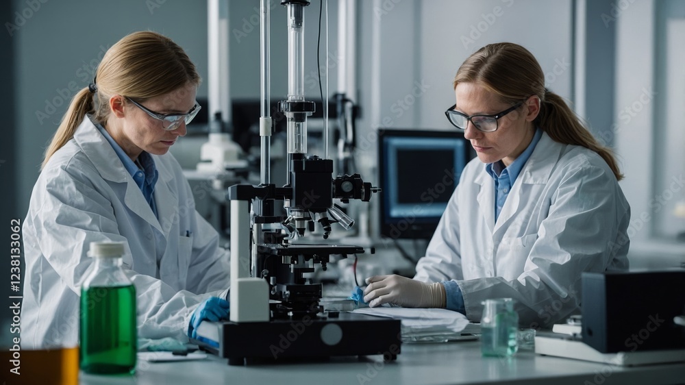 Poster scientists conduct research in a laboratory using advanced equipment and teamwork to analyze samples