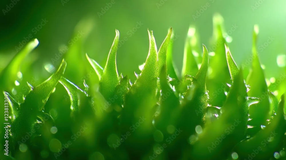 Poster Close-up of Vibrant Green Succulent Leaves with Thorns and Soft Bokeh Background in Natural Light