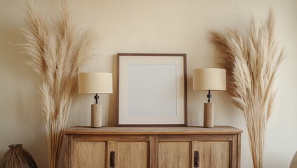 Blank frame mockup on wooden cabinet with pampas grass and lamps.