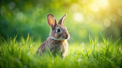 Fototapeta premium Bunny sitting on the lush green grass with a few blades of grass surrounding it