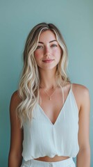 Beautiful Woman with Long Hair Posing Against Green Background
