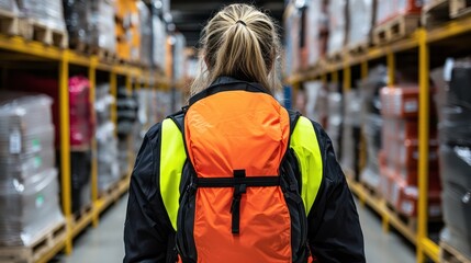Obraz premium A person in a bright backpack stands in a warehouse aisle filled with stacked goods.