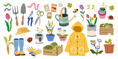 Gardening tools and flowers vector set in flat style. Springtime stickers for poster and greeting cards. Growing plants, flowers and herbs, seedling. Caring for garden and decoration elements