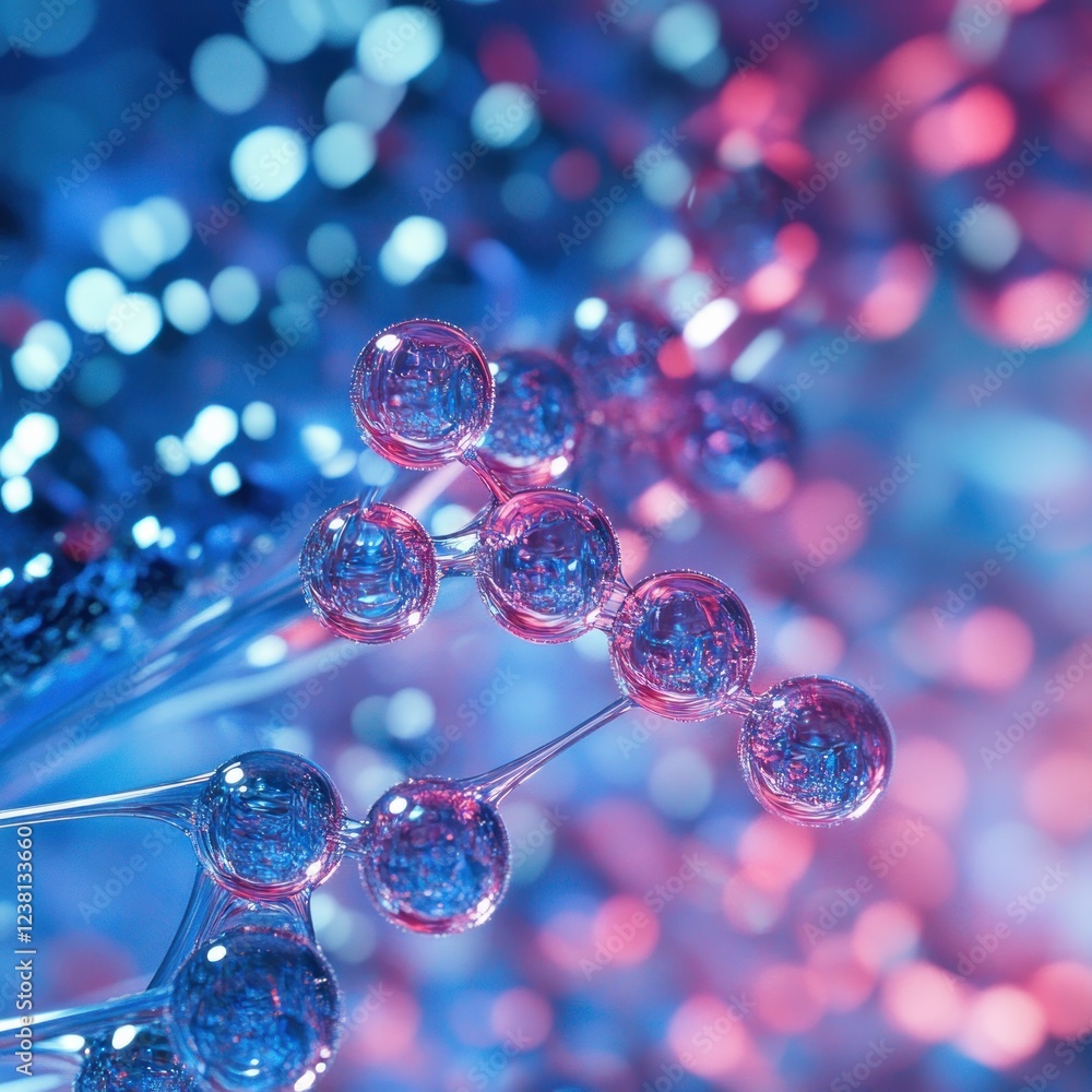 Poster Abstract Molecular Structure with Colorful Bokeh Effect and Glowing Spheres Against a Vibrant Background