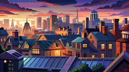 Obraz premium Rainy dusk over London skyline, seen from suburban rooftops, ideal for travel or cityscapes.