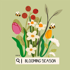 Hello Spring banner. Blooming flowers. Farming, agriculture, plants concept for banner, website design or landing web page. Collection of spring colorful flower elements