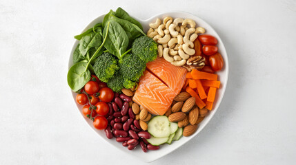 Heart-shaped plate with healthy vegetables, nuts, and salmon
