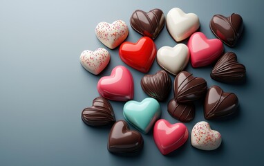 Fototapeta premium n assortment of colorful heart-shaped candies and chocolates, artistically arranged on a sophisticated slate-gray-to-powder-blue gradient background. Valentines Day and 8 March theme