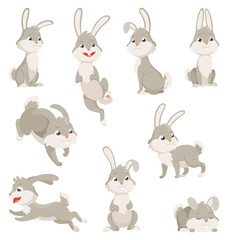 Cartoon rabbits collection. Bunny pets silhouette in different poses. Set of cute animal isolated icons. Vector rabbits character illustration