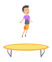 Children jumping trampoline. Kid jumping icon. Child activities design element. Indoor or outdoor fun, fitness jumping. Acrobatic and gymnastic exercises. Vector illustration