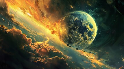 Vibrant cosmic horizon with a glowing planet rising above swirling nebula clouds in deep space, evoking wonder and interstellar exploration